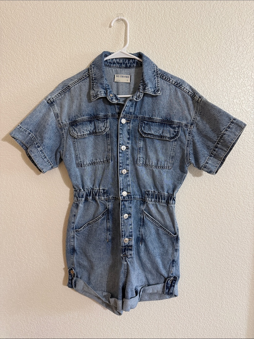 We The Free Light Blue Denim Button-Up Short Romper